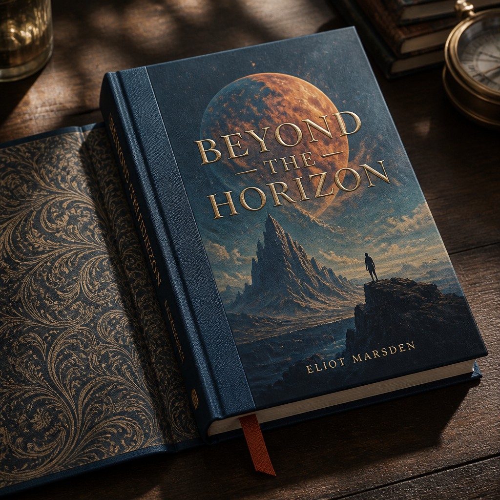 Create a realistic product mockup based on these instructions:
Design a captivating hard cover book featuring a textured fabric spine and a striking embossed title on the front. The cover art should depict a surreal landscape with vibrant colors that evoke a sense of mystery. Include ornate endpapers and a ribbon bookmark for an elegant touch, all enhancing its visual appeal.
Create a professional, photorealistic mockup scene. If the instructions mention a design,
artwork, logo, print or graphic, invent an original, fitting design and integrate it onto the
product realistically with proper perspective, lighting and material texture. Only show a clean,
undecorated product if the instructions explicitly ask for a blank or plain product.