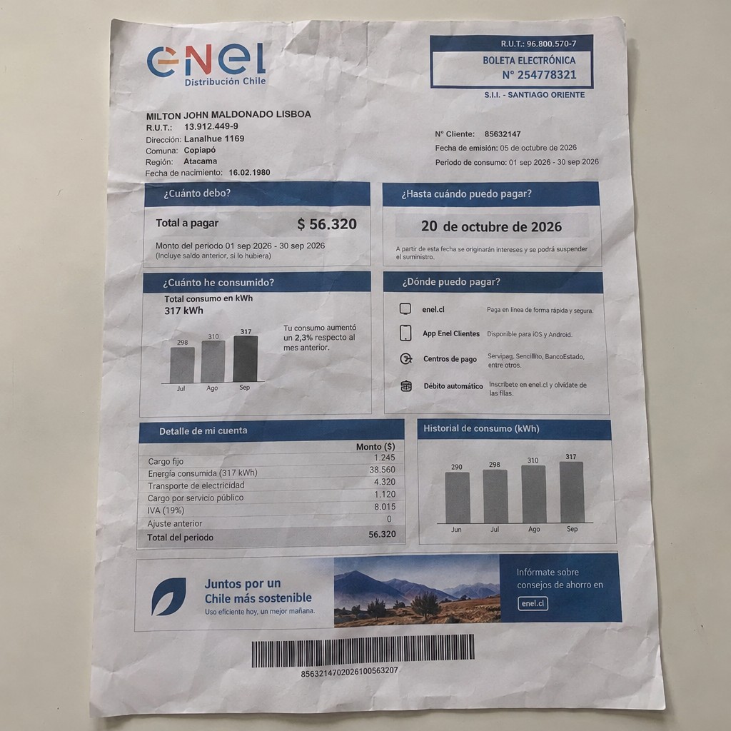 Create a statement, an electricity bill in CHILE. The A4 statement should be realistic, as if it were photographed on a phone. The document should be on a white background. The document must be for the last 3 months of October 2026. The document should contain several transactions and be wrinkled at the edges.
Name MILTON JOHN MALDONADO LISBOA
Address Lanalhue 1169, 1531125 Copiapó, Atacama
R.U.T. 13912449-9
Date of birth 16.02.1980