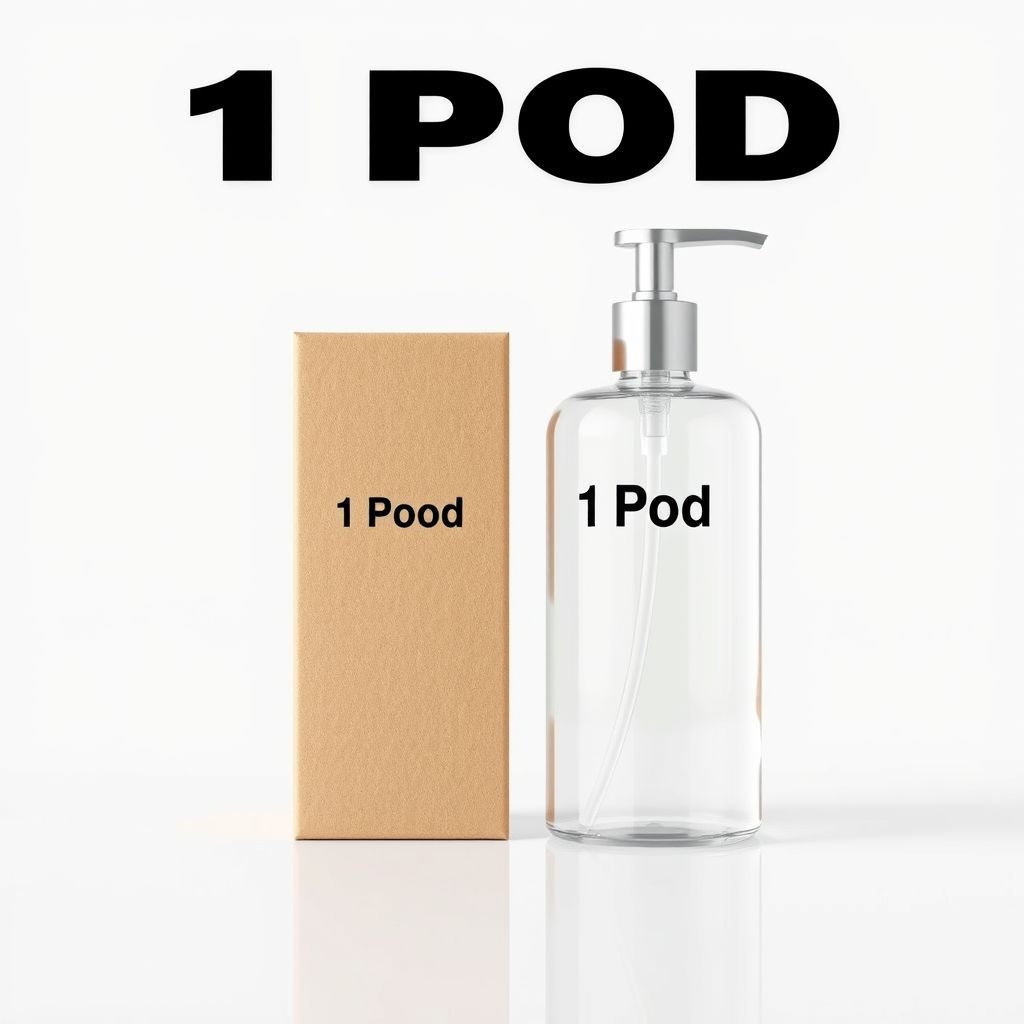mockup design, Create a minimalist luxury handwash bottle mockup featuring a sleek clear glass bottle with a stylish metallic silver pump. Positioned next to a rugged natural kraft cardboard box, both display centered black text reading "1 Pod" in striking large bold font. Set against a pristine white background, evoke modern elegance and premium quality. Showcase subtle reflections to enhance sophistication.