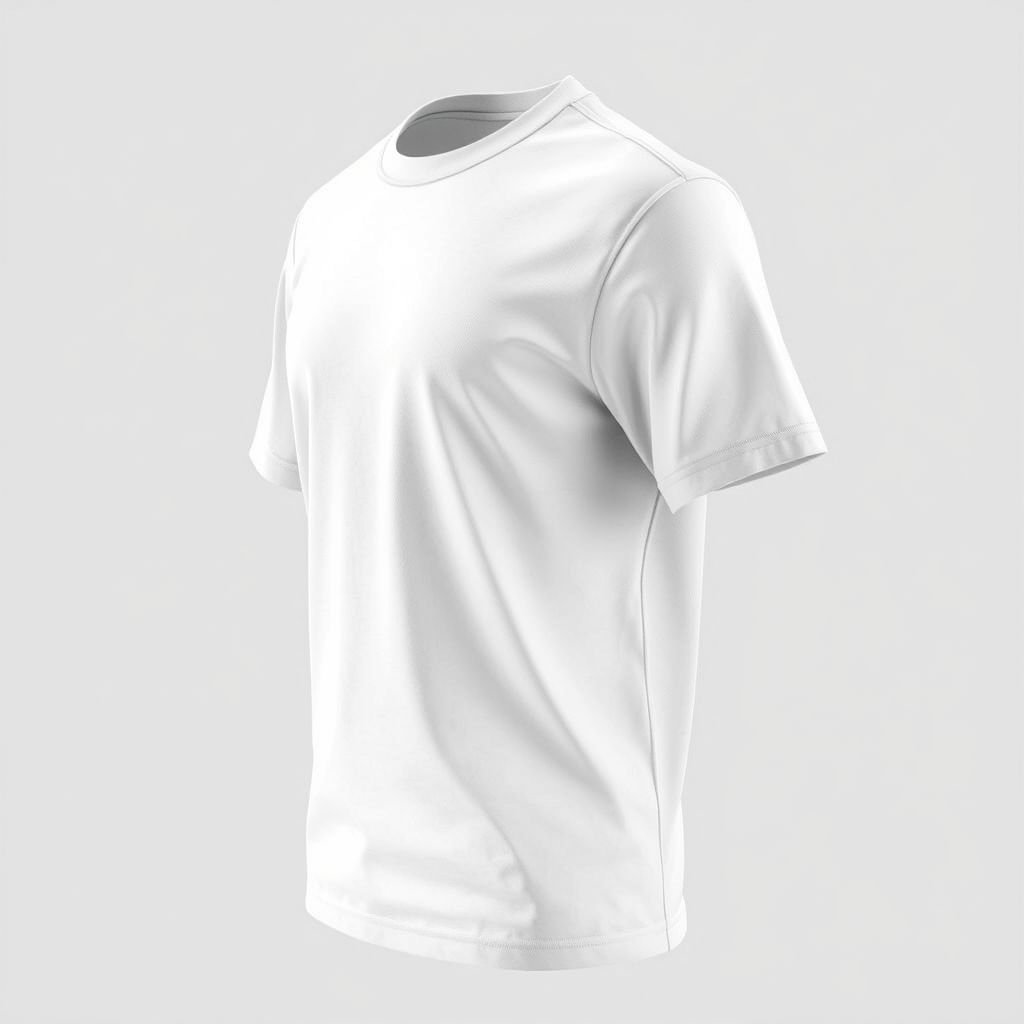 mockup design, Design a clean, white heavyweight t-shirt mockup featuring a prominent, thick collar. Showcase the fabric's texture to emphasize durability and quality. Include a side view angle that highlights the shirt's silhouette and ample shoulder width. The background should be minimalistic, allowing the tee to stand out as the focal point.