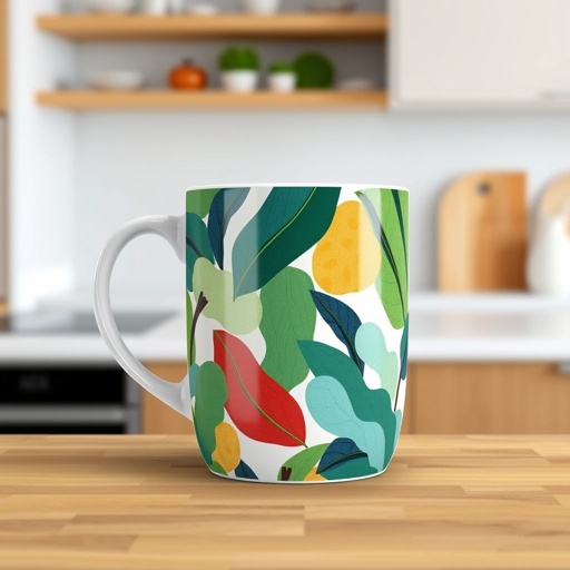 mockup design, Create a mockup design of a ceramic mug featuring a vibrant, abstract pattern inspired by nature. The mug should have a sleek, modern silhouette, and incorporate colors like deep greens, bright blues, and earthy tones. Display it against a minimalistic kitchen backdrop, highlighting its potential as a stylish everyday accessory.
