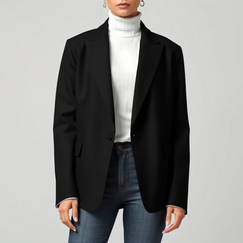 mockup design, Create a mockup design of a woman’s oversized black blazer, featuring a sleek, tailored silhouette with slightly padded shoulders and a single-button closure. Incorporate a contrasting white lining visible at the cuffs. Set against a minimalist backdrop, style it with a chic turtleneck and high-waisted jeans for a modern, sophisticated look.