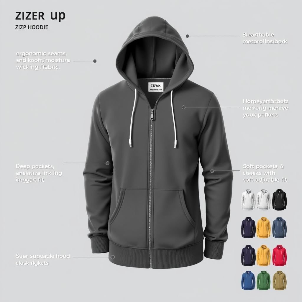 mockup design, Design a zip-up hoodie tailored for optimal human comfort and style. Emphasize ergonomic seams and breathable, moisture-wicking fabric. Incorporate a sleek, modern silhouette with a customizable fit. Highlight features like deep pockets and a soft, adjustable hood, showcasing a variety of colors and patterns to appeal to diverse tastes.