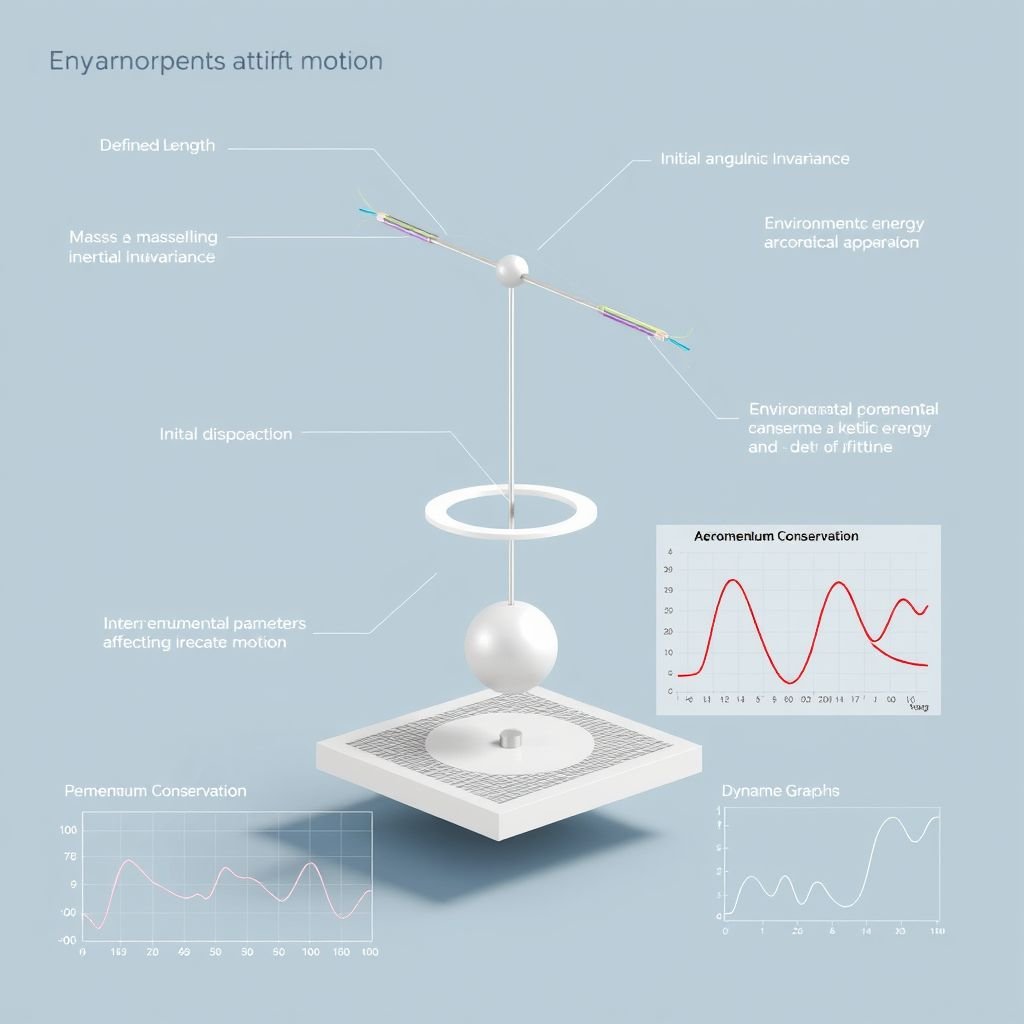 mockup design, Create an intricate mockup of a Dynamically Responsive Pendulum Architecture, showcasing components like a pendulum with a defined length, mass symbolizing inertial invariance, and initial angular displacement. Visualize environmental parameters affecting motion, such as aerodynamic drag and pivot friction. Integrate dynamic graphs illustrating kinetic energy, momentum conservation, and real-time data analytics, reflecting a seamless blend of classical physics and advanced computational modeling.