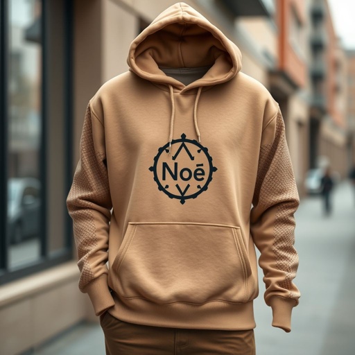mockup design, Create a cozy and stylish mockup design for a hoodie named "Noï." The hoodie should feature a minimalistic aesthetic with subtle, earthy tones. Incorporate an artistic logo on the chest and unique textured patterns on the sleeves. Showcase it in an urban setting, highlighting its versatility and comfort.