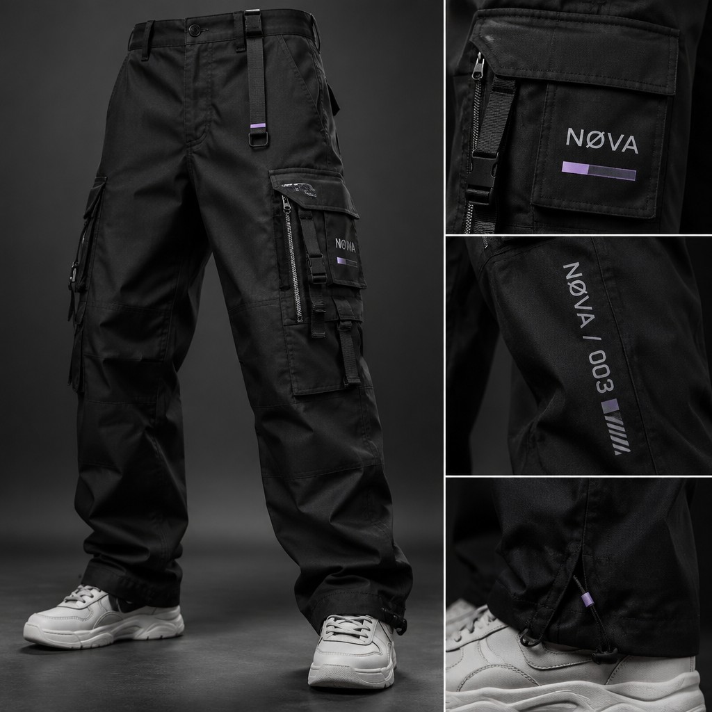 Los NØVA 003 son unos cargo pants de estilo urbano y futurista, diseñados para adolescentes. Son de color negro, con un corte recto y ligeramente holgado para mantener una estética streetwear moderna y cómoda. Tienen varios bolsillos cargo amplios en los laterales, con cierres y pequeños detalles funcionales inspirados en la moda técnica. En uno de los bolsillos aparece el logo NØVA en blanco, acompañado por un pequeño detalle en violeta degradado. En una de las piernas lleva el texto “NØVA / 003” en tipografía urbana y minimalista. Los detalles de la prenda combinan negro, gris y pequeños elementos en violeta degradado.
El diseño debe tener una estética streetwear premium, urbana y futurista, con inspiración en la moda techwear, detalles tecnológicos y una apariencia moderna. La imagen debe mostrar el pantalón como un producto de moda profesional, con iluminación de estudio, fondo neutro oscuro y un mockup realista de alta calidad. Evitar diseños infantiles, estampados excesivos o colores demasiado llamativos.