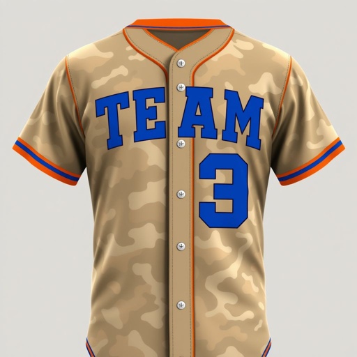 mockup design, Design a light brown camouflage baseball jersey featuring a vibrant orange outline around the collar and sleeves. The front showcases bold royal blue lettering for the team name and player's number. Incorporate subtle patterns within the camo for depth, along with sporty stitch detailing. A perfect blend of style and functionality!