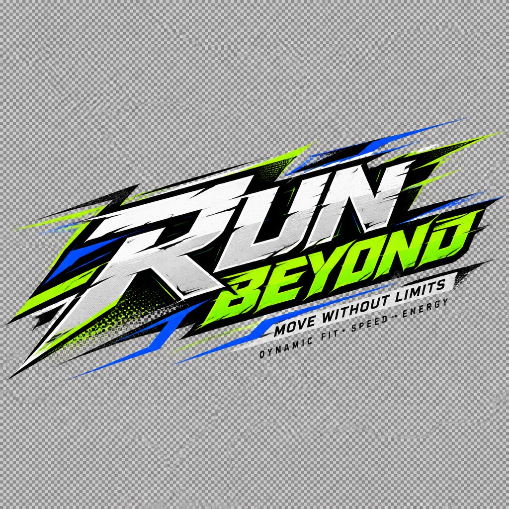 Create a premium uncommon text overlay design for a modern running sneaker.
Main typography:
RUN BEYOND
Use extremely bold, condensed, futuristic sports typography.
Make the text diagonal and dynamically follow the shoe's side-panel direction.
RUN should be large and dominant.
BEYOND should slightly overlap RUN.
Add sharp asymmetric cuts, fragmented letter shapes, speed slashes and subtle motion lines around the typography.
Secondary text:
MOVE WITHOUT LIMITS
DYNAMIC FIT • SPEED • ENERGY
Color palette:
White, black, neon lime green and electric blue.
The typography must look like a professional sneaker graphic printed directly onto the shoe surface.
Realistic perspective, slight distortion following the shoe's 3D curves, clean edges, premium streetwear aesthetic.
Transparent background.
No shoe.
No background.
No mockup.
Only the typography and graphic elements as a clean editable-style overlay.
