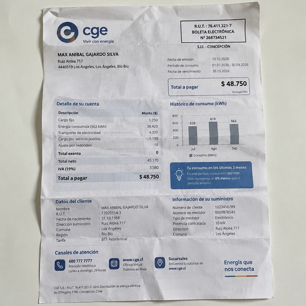 Create a statement, an electricity bill in CHILE. The A4 statement should be realistic, as if it were photographed on a phone. The document should be on a white background. The document must be for the last 3 months of October 2026. The document should contain several transactions and be wrinkled at the edges.
Name MAX ANIBAL GAJARDO SILVA
Address Ruiz Aldea 717, 4440519 Los Angeles, Los Ángeles, Bío Bío
R.U.T. 17025514-3
Date of birth 31.10.1988
Date of discharge 30.10.2026 (OCTOBER 2026)