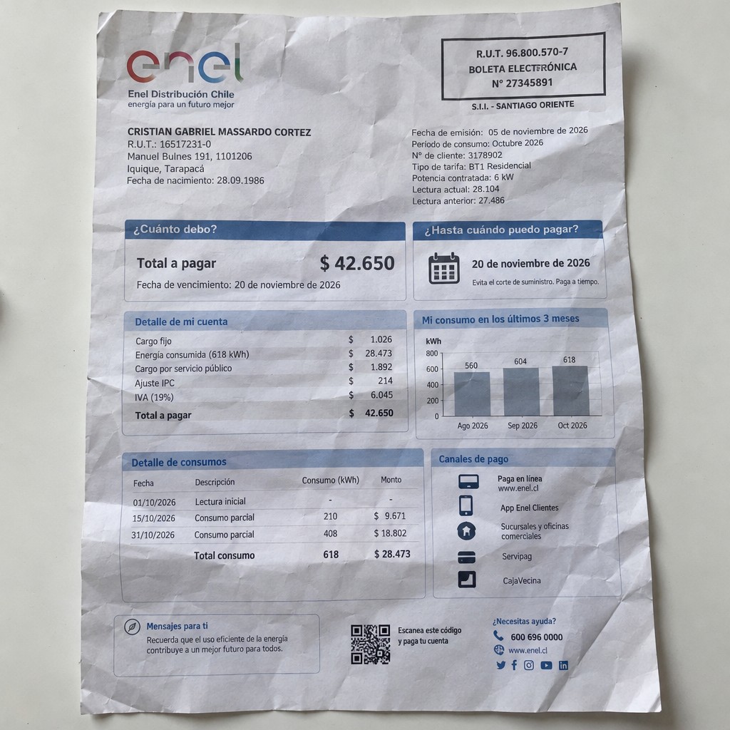 Create a statement, an electricity bill in CHILE. The A4 statement should be realistic, as if it were photographed on a phone. The document should be on a white background. The document must be for the last 3 months of October 2026. The document should contain several transactions and be wrinkled at the edges.
Name CRISTIAN GABRIEL MASSARDO CORTEZ
Address Manuel Bulnes 191, 1101206 Iquique, Tarapacá
R.U.T. 16517231-0
Date of birth 28.09.1986