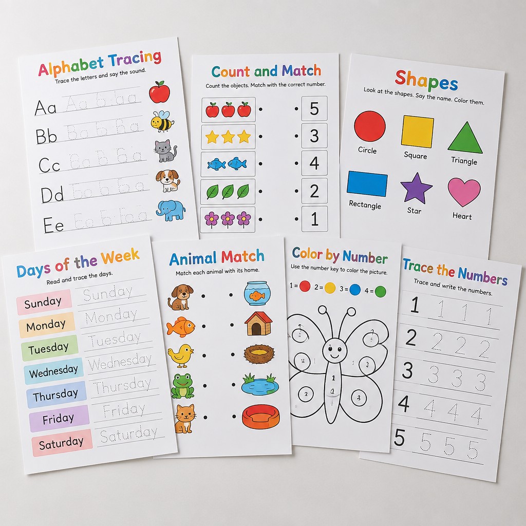 A photorealistic create a clean, professional portfolio mockup showcasing multiple children's worksheets and activity sheets together on one page. display 6–8 different a4 worksheet pages in a neat overlapping arrangement, slightly angled and layered naturally, while keeping every worksheet clearly visible and readable. use realistic white paper with subtle soft shadows and a clean light background. the overall composition should look like a professional graphic designer's portfolio presentation, colorful but not cluttered, modern, attractive, organized, and suitable for showcasing educational worksheet design work. no hands, no people, no pens, no stationery, no extra objects, no unnecessary decorations. mockup