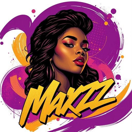 mockup design, Create a vibrant album cover mockup for the RnB singer Marzz, blending retro and modern aesthetics. Incorporate bold colors like deep purple and gold, with abstract shapes flowing around an artistic portrait of Marzz. Include her name in a stylish, graffiti-inspired font, enhancing the overall urban, soulful vibe of the design.