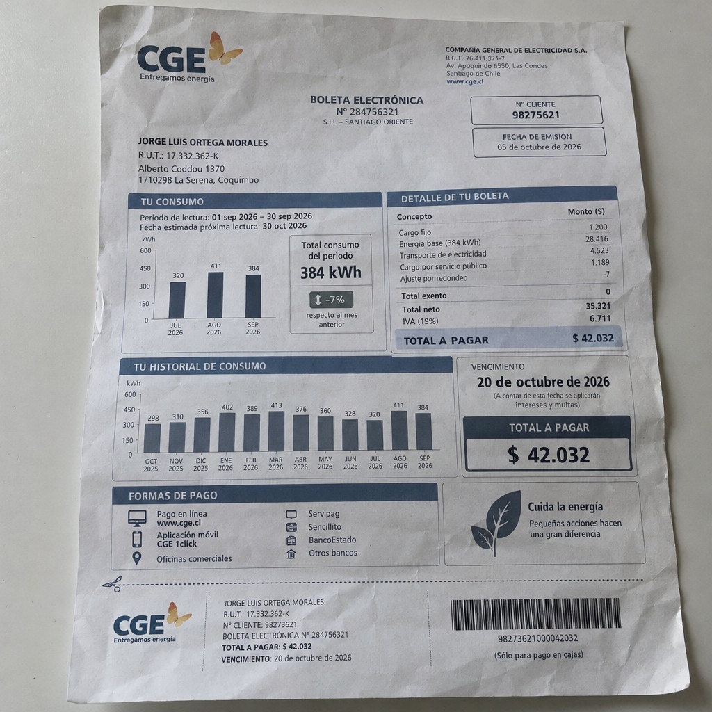Create a statement, an electricity bill in CHILE. The A4 statement should be realistic, as if it were photographed on a phone. The document should be on a white background. The document must be for the last 3 months of October 2026. The document should contain several transactions and be wrinkled at the edges.
Name JORGE LUIS ORTEGA MORALES
Address Alberto Coddou 1370, 1710298 La Serena, Coquimbo
R.U.T. 17332362-K
Date of birth 19.10.1989