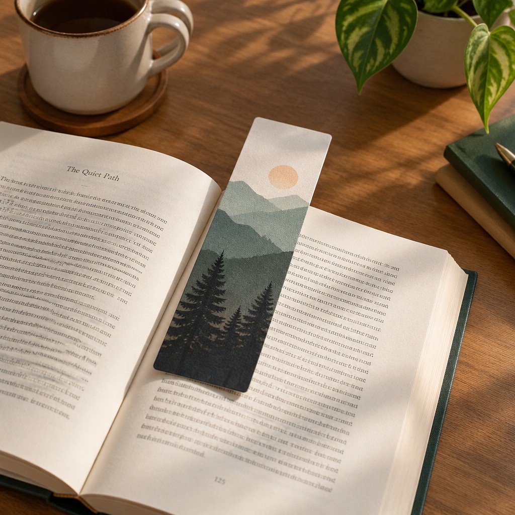 A bookmark peeking out from the pages of an open hardcover book resting on a wooden desk, soft afternoon window light, featuring a tasteful sample brand design on the bookmark, no watermarks, no text overlays