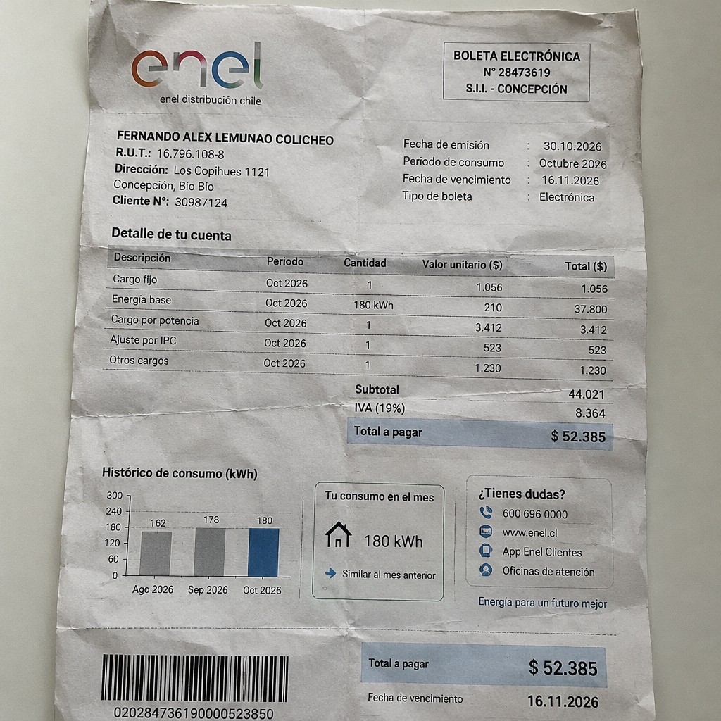 Create a statement, an electricity bill in CHILE. The A4 statement should be realistic, as if it were photographed on a phone. The document should be on a white background. The document must be for the last 3 months of October 2026. The document should contain several transactions and be wrinkled at the edges.
Name FERNANDO ALEX LEMUNAO COLICHEO
Address Los Copihues 1121, 4060714 Concepción, Bío Bío
R.U.T. 16796108-8
Date of birth 21.05.1987
Date of discharge 30.10.2026 (OCTOBER 2026)