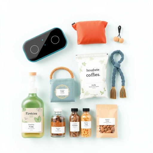 mockup design, Create a mockup design showcasing a collection of innovative products. Include a sleek electronic gadget, eco-friendly household items, stylish fashion accessories, and artisanal food products. The layout should be modern and clean, with a subtle background that emphasizes the products. Use vibrant colors and clear labeling for each item.