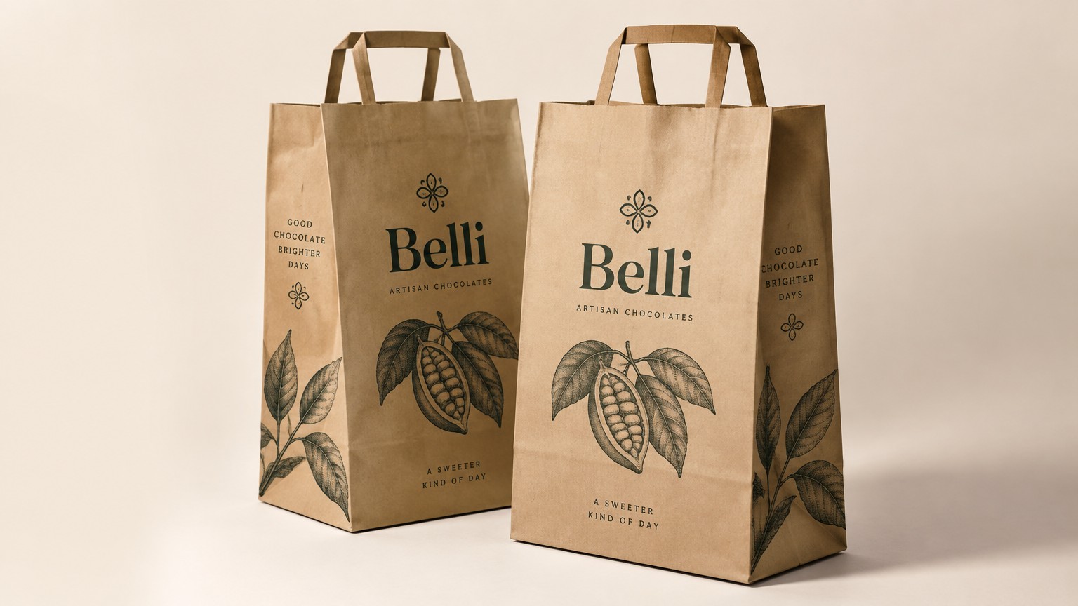 Photorealistic kraft paper food delivery bag mockup, tall rectangular paper bag, front and side panels clearly visible, two identical bags standing together, premium boutique chocolate brand, warm off-white studio background, soft natural shadows. Apply the uploaded Belli artwork accurately to the front and side panels.