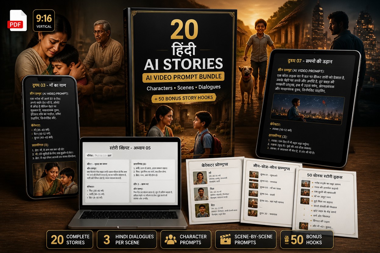 Create a premium professional digital product mockup for a Gumroad listing titled:
"20 Hindi AI Story Video Prompt Bundle"
Show a realistic 3D PDF/eBook standing upright in the center, with a clean modern cover displaying:
"20 हिंदी AI STORIES"
"AI VIDEO PROMPT BUNDLE"
"Characters • Scenes • Dialogues"
"+ 50 BONUS STORY HOOKS"
Around the main PDF, show 3–4 realistic supporting mockups:
a smartphone displaying a Hindi AI story scene prompt,
a tablet showing a cinematic video prompt,
a laptop displaying a story script with Hindi dialogues,
and a few printed PDF pages slightly spread beside the main ebook.
The pages should visibly contain Hindi story content, character descriptions, scene prompts and dialogue sections.
Use cinematic emotional Indian storytelling imagery in the background: an Indian mother and son, an elderly father, a child, a loyal dog, a village scene and a dramatic city scene. Make the characters realistic, warm and emotionally expressive.
Premium digital-product advertising style, cinematic lighting, realistic 3D rendering, professional commercial photography, subtle shadows, elegant composition, black and warm golden color palette, high contrast, clean layout, premium Gumroad product presentation.
Add small visual badges:
"20 COMPLETE STORIES"
"3 HINDI DIALOGUES PER SCENE"
"CHARACTER PROMPTS"
"SCENE-BY-SCENE PROMPTS"
"50 BONUS HOOKS"
Include a small "PDF" icon and a "9:16 VERTICAL" badge.
Make the design look like a premium product worth $9.99–$14.99, not a generic ebook.
Square 1:1 composition, 3000×3000 px, sharp details, professional typography, clean spacing, no watermark, no brand logos, no unnecessary text.