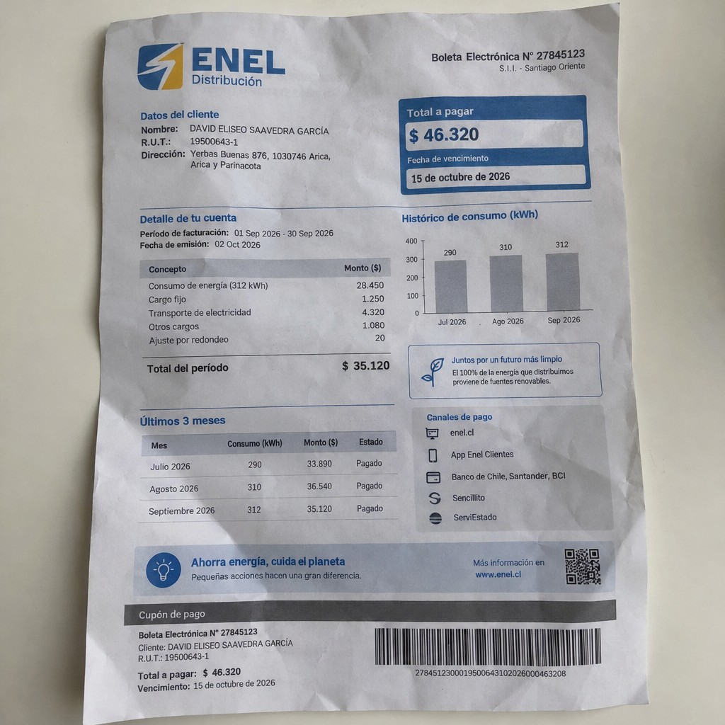Create a statement, an electricity bill in CHILE. The A4 statement should be realistic, as if it were photographed on a phone. The document should be on a white background. The document must be for the last 3 months of October 2026. The document should contain several transactions and be wrinkled at the edges.
Name DAVID ELISEO SAAVEDRA GARCÍA
Address Yerbas Buenas 876, 1030746 Arica, Arica y Parinacota
R.U.T. 19500643-1
Date of birth 10.06.1997