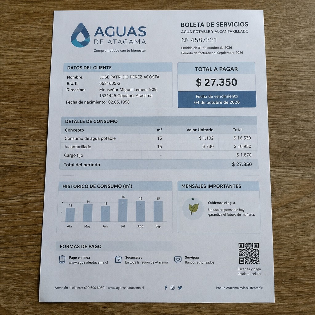 Create realistic bank statement or housing and communal services. if it were photographed on a phone. The A4 sheet should fit completely into the screen.
Name JOSÉ PATRICIO PÉREZ ACOSTA
Address
Monseñor Miguel Lemeur 909, 1531445 Copiapó, Atacama
R.U.T. 6681605-2
Date of birth 02.05.1958
Date of discharge 04.10.2026 (OCTOBEDR 2026)