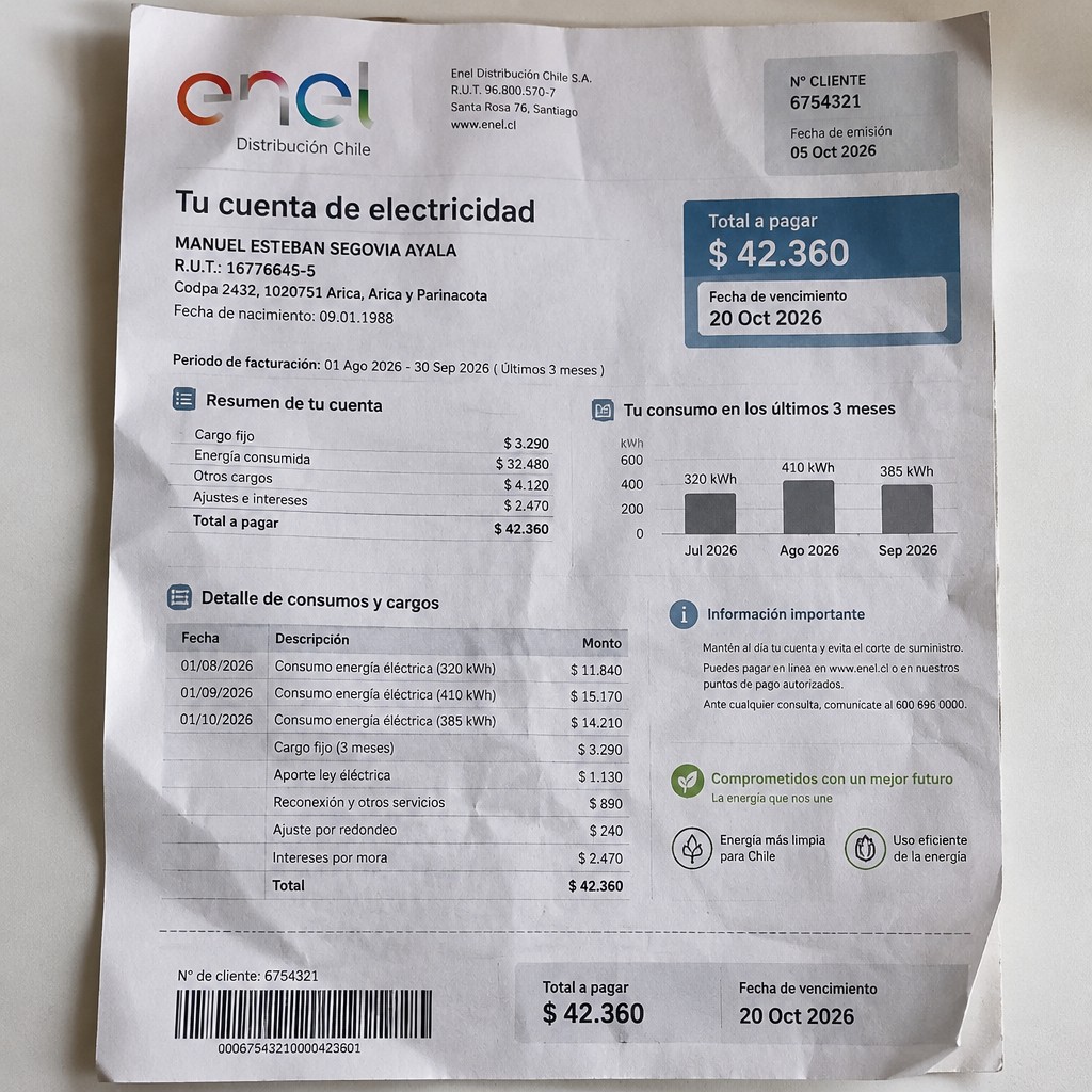 Create a statement, an electricity bill in CHILE. The A4 statement should be realistic, as if it were photographed on a phone. The document should be on a white background. The document must be for the last 3 months of October 2026. The document should contain several transactions and be wrinkled at the edges.
Name MANUEL ESTEBAN SEGOVIA AYALA
Address Codpa 2432, 1020751 Arica, Arica y Parinacota
R.U.T. 16776645-5
Date of birth 09.01.1988