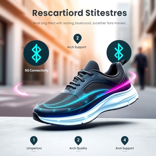 mockup design, Design a mockup featuring sleek, modern smart shoes equipped with Bluetooth connectivity. Showcase vibrant animated highlights illustrating 5G Connectivity, superior Arch Support, and High Quality materials. Include dynamic graphical elements like pulsating waves to represent connectivity and animated arrows indicating arch support, all set against a stylish urban backdrop.