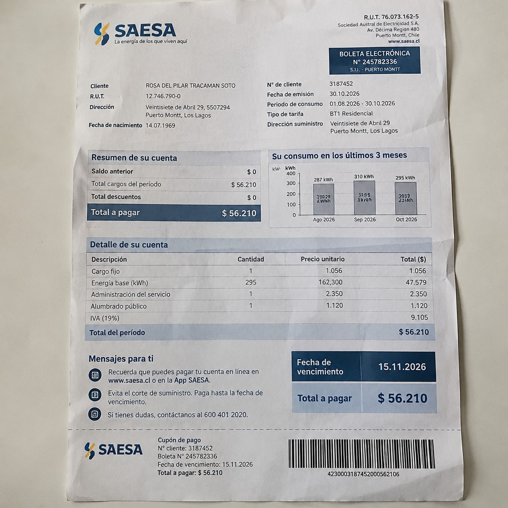 Create a statement, an electricity bill in CHILE. The A4 statement should be realistic, as if it were photographed on a phone. The document should be on a white background. The document must be for the last 3 months of October 2026. The document should contain several transactions and be wrinkled at the edges.
Name ROSA DEL PILAR TRACAMAN SOTO
Address Veintisiete de Abril 29, 5507294 Puerto Montt, Los Lagos
R.U.T. 12746790-0
Date of birth 14.07.1969
Date of discharge 30.10.2026 (OCTOBER 2026)