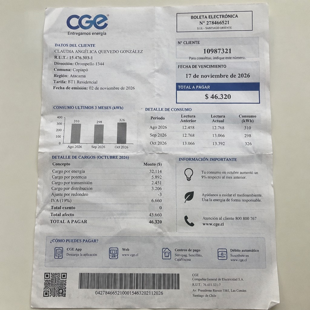 Create a statement, an electricity bill in CHILE. The A4 statement should be realistic, as if it were photographed on a phone. The document should be on a white background. The document must be for the last 3 months of October 2026. The document should contain several transactions and be wrinkled at the edges.
Name CLAUDIA ANGÉLICA QUEVEDO GONZÁLEZ
Address Orompello 1344, 1531143 Copiapó, Atacama
R.U.T. 15476303-1
Date of birth 19.12.1982