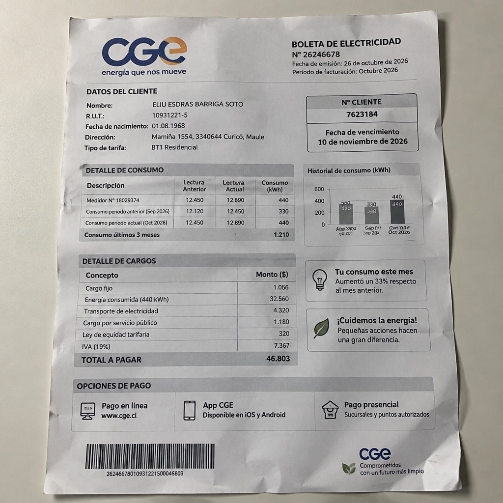 Create a statement, an electricity bill in CHILE. The A4 statement should be realistic, as if it were photographed on a phone. The document should be on a white background. The document must be for the last 3 months of October 2026. The document should contain several transactions and be wrinkled at the edges.
Name ELIU ESDRAS BARRIGA SOTO
Address Mamiña 1554, 3340644 Curicó, Maule
R.U.T. 10931221-5
Date of birth 01.08.1968
Date of discharge 26.10.2026 (OCTOBER 2026)