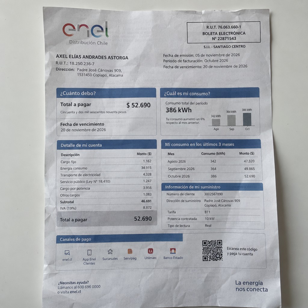 Create a statement, an electricity bill in CHILE. The A4 statement should be realistic, as if it were photographed on a phone. The document should be on a white background. The document must be for the last 3 months of October 2026. The document should contain several transactions and be wrinkled at the edges.
Name AXEL ELÍAS ANDRADES ASTORGA
Address Padre José Cánovas 909, 1531450 Copiapó, Atacama
R.U.T. 18250236-7
Date of birth 02.01.1993