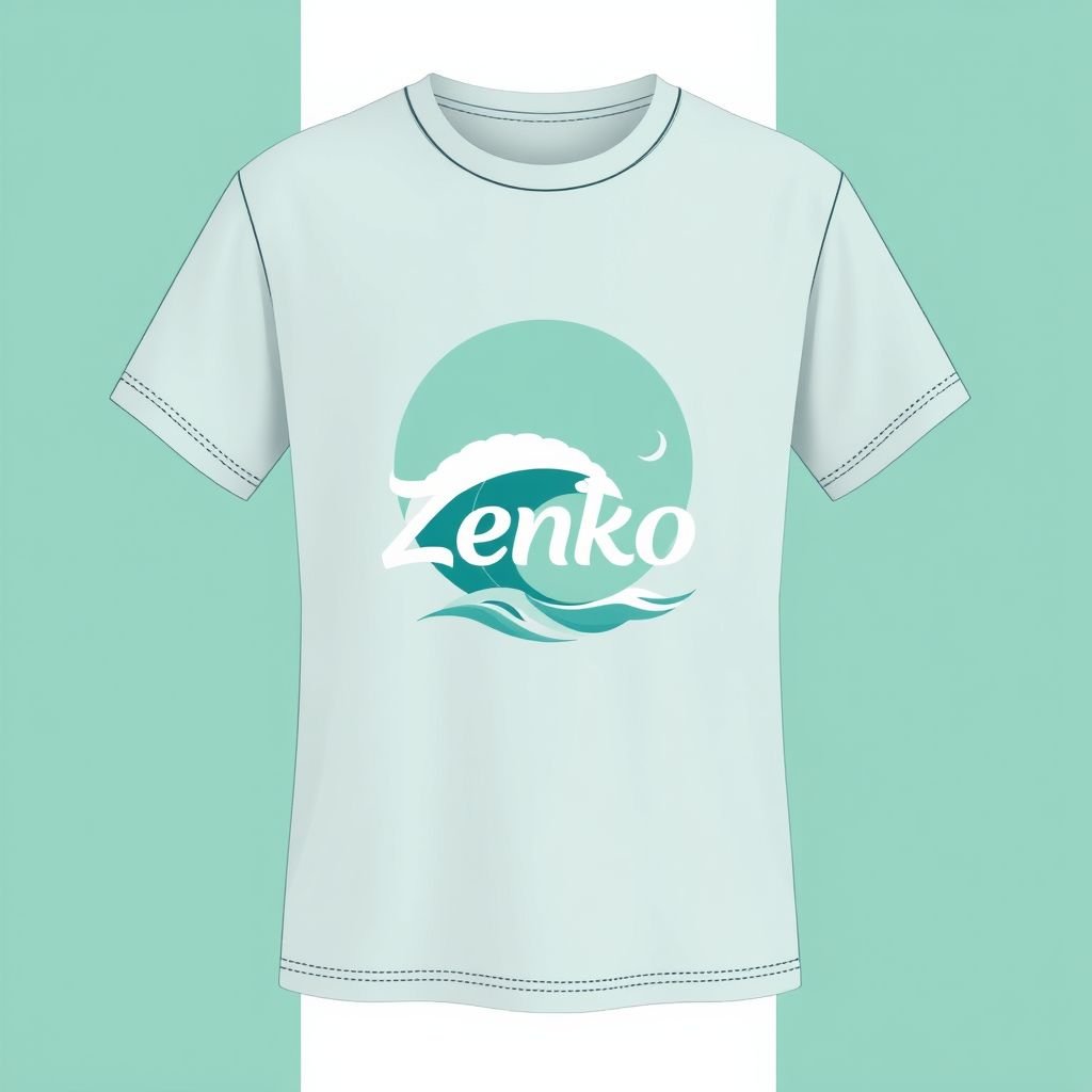 mockup design, Créez un mockup de t-shirt moderne et tendance portant le nom "~Zenko~". Optez pour une palette de couleurs zen, comme des nuances de bleu et de vert doux. Intégrez un design minimaliste, avec des motifs de vagues ou de paysages apaisants, évoquant la sérénité et un style de vie chill.