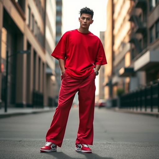 mockup design, Create a stylish mockup featuring a vibrant red baggy tee shirt paired with trendy flared pants. Complete the look with iconic Jordan 5 sneakers. The setting should be an urban street backdrop, highlighting the casual yet fashionable vibe. Incorporate dynamic angles and soft sunlight to enhance the overall aesthetic.