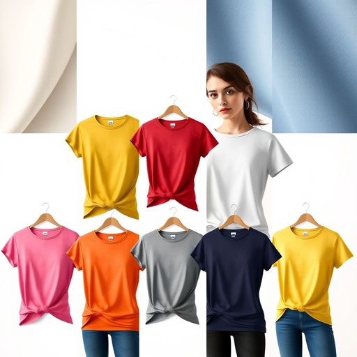 A stylish mockup showcasing various women's t-shirt designs. Soft cotton fabric textures, vibrant colors, and patterns. Short sleeves elegantly drape, highlighting comfort and versatility. Round necklines create a casual yet sophisticated appeal. Regular fit sizes, flattering to every body type. A contemporary backdrop enhancing textile features and fashion-forward aesthetic.