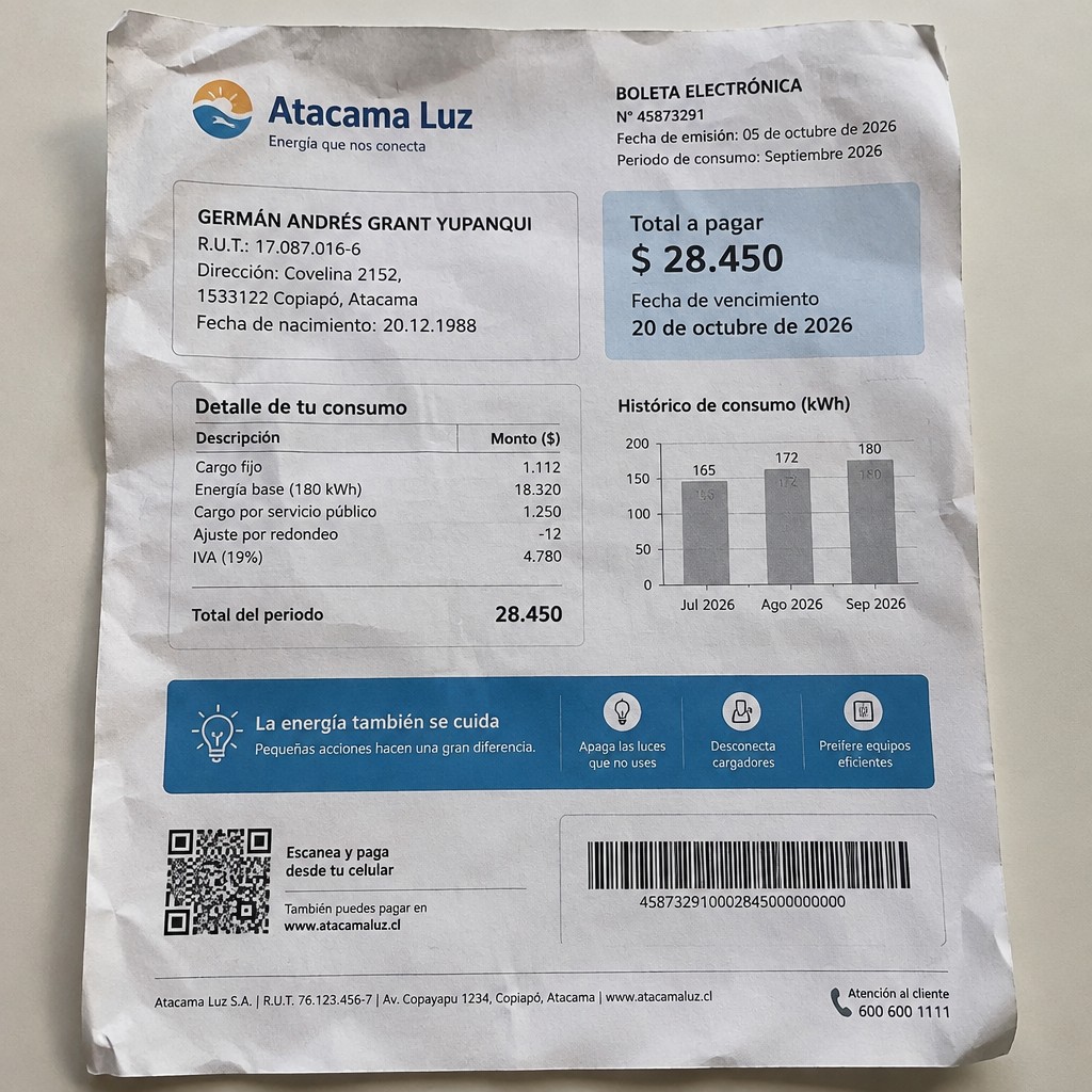 Create a statement, an electricity bill in CHILE. The A4 statement should be realistic, as if it were photographed on a phone. The document should be on a white background. The document must be for the last 3 months of October 2026. The document should contain several transactions and be wrinkled at the edges.
Name GERMÁN ANDRÉS GRANT YUPANQUI
Address Covelina 2152, 1533122 Copiapó, Atacama
R.U.T. 17087016-6
Date of birth 20.12.1988