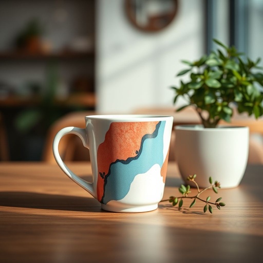 mockup design, Create a visually appealing mockup design for a ceramic coffee cup. The cup should feature a minimalist aesthetic with a matte finish, displaying a vibrant abstract pattern. Include atmospheric elements like a cozy café background, soft natural lighting, and a small plant beside the cup, enhancing the warm, inviting vibe of the scene.