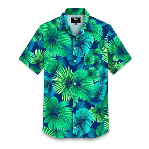 mockup design, Create a mockup design for a casual shirt featuring a vibrant tropical theme. The shirt should have a relaxed fit with short sleeves, showcasing a captivating palm leaf pattern in shades of green and blue. Include a subtle pocket on the left side, enhancing its aesthetic without overpowering the design.