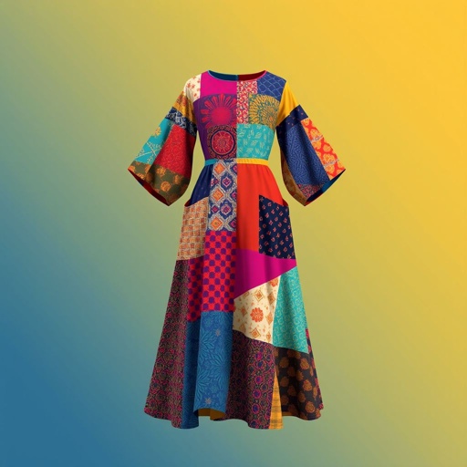 mockup design, Design a stunning dress featuring bold patchwork in vibrant colors and varied fabrics, showcasing geometric shapes and intricate patterns. The dress should have a flattering silhouette, with a fitted bodice and a flowing skirt that cascades gracefully. Add playful accents like oversized pockets and statement sleeves for a contemporary bohemian vibe.