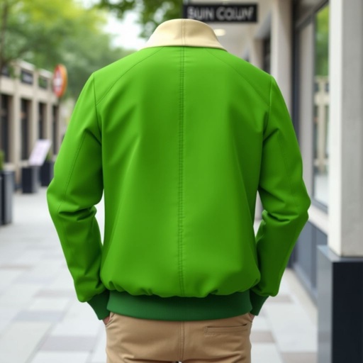mockup design, Design a mockup for a Dong Woi jacket featuring a streamlined design without a zipper above the chest. Use a vibrant green color for the main fabric, accented with a cream-colored collar. Ensure the sleeves maintain a regular fit, avoiding any tapering. Showcase the jacket in a stylish urban setting.