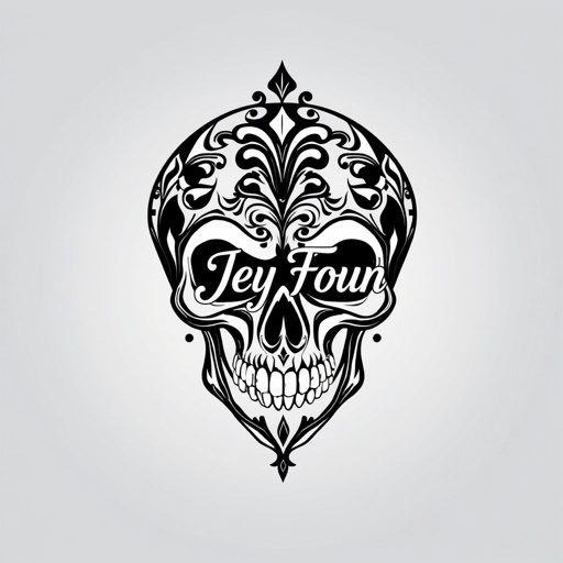 mockup design, Erstelle ein detailliertes Grafikdesign eines kunstvollen Totenkopfmotivs, das elegant in Schwarz und Weiß gehalten ist. Der Totenkopf sollte mit filigranen Ornamenten verziert sein, während die Aufschrift „Jey Foun“ in geschwungener, moderner Schriftart prominent auf der Stirn platziert ist. Füge subtile Schatteneffekte hinzu, um Tiefe zu erzeugen.