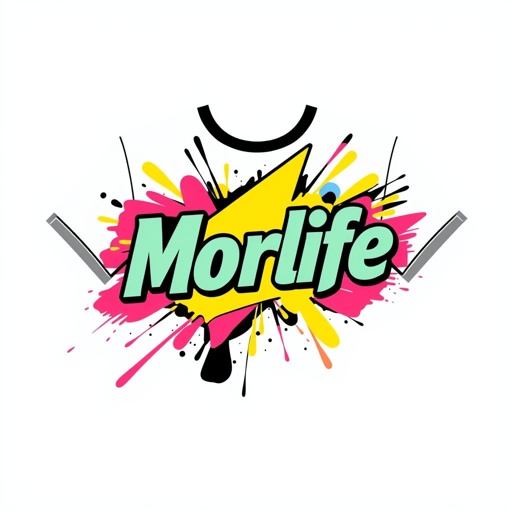 mockup design, Design a vibrant t-shirt featuring "Morlife" in bold, graphic typography. Incorporate dynamic shapes and splashes of color to create an energetic vibe. Use a modern font that captures attention, positioned prominently on the front. The background should be a subtle, contrasting color to enhance the graphic appeal and overall impact.