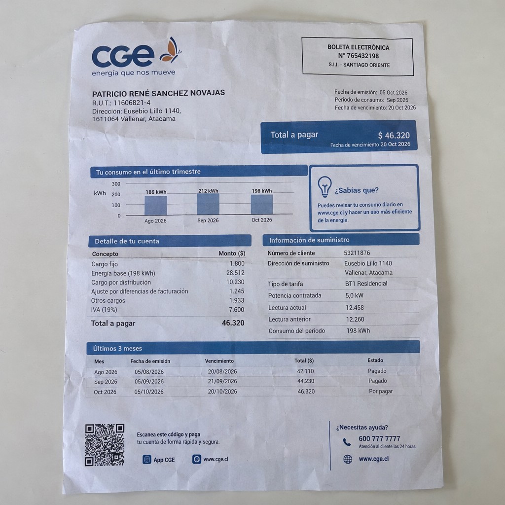 Create a statement, an electricity bill in CHILE. The A4 statement should be realistic, as if it were photographed on a phone. The document should be on a white background. The document must be for the last 3 months of October 2026. The document should contain several transactions and be wrinkled at the edges.
Name PATRICIO RENÉ SANCHEZ NOVAJAS
Address Eusebio Lillo 1140, 1611064 Vallenar, Atacama
R.U.T. 11606821-4
Date of birth 15.12.1968