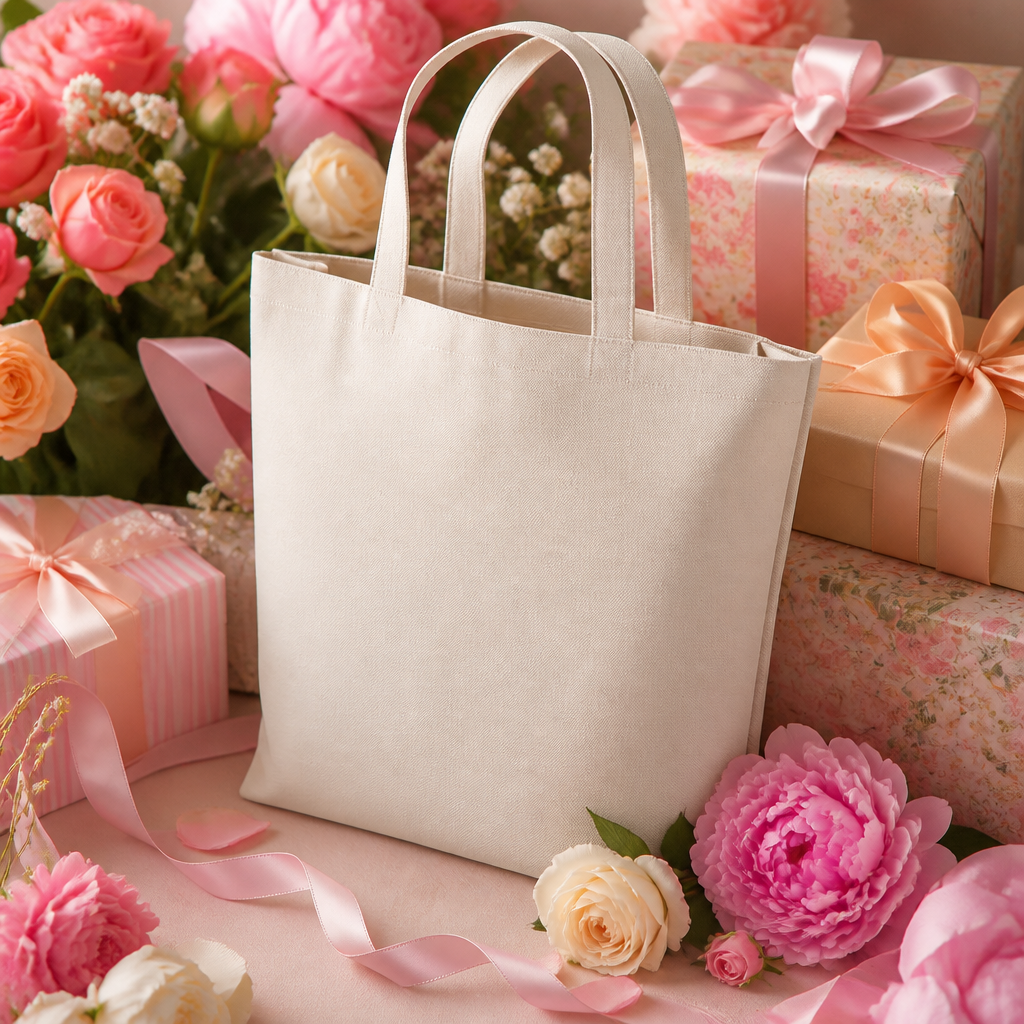 Create a realistic product mockup based on these instructions:
Design a tote bag nestled among beautifully wrapped gifts and vibrant flowers, showcasing a harmonious blend of textures and colors. The bag should feature an intricate floral pattern, complemented by pastel shades. Surround it with an array of ribbons, gift boxes, and blooming petals, creating an inviting, celebratory atmosphere.
Create a professional, photorealistic mockup scene. Since no design image was provided,
show the product/scene with a placeholder or blank surface where a design would typically go.