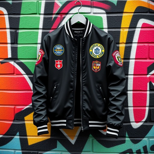 mockup design, Design a stylish matric bomber jacket featuring a sleek black exterior, adorned with vibrant school colors and emblem patches representing various academic achievements. Include contrasting ribbed cuffs and waistband, a cozy interior lining, and side pockets for functionality. Showcase the jacket hanging against a colorful graffiti wall, embodying youthful spirit and school pride.
