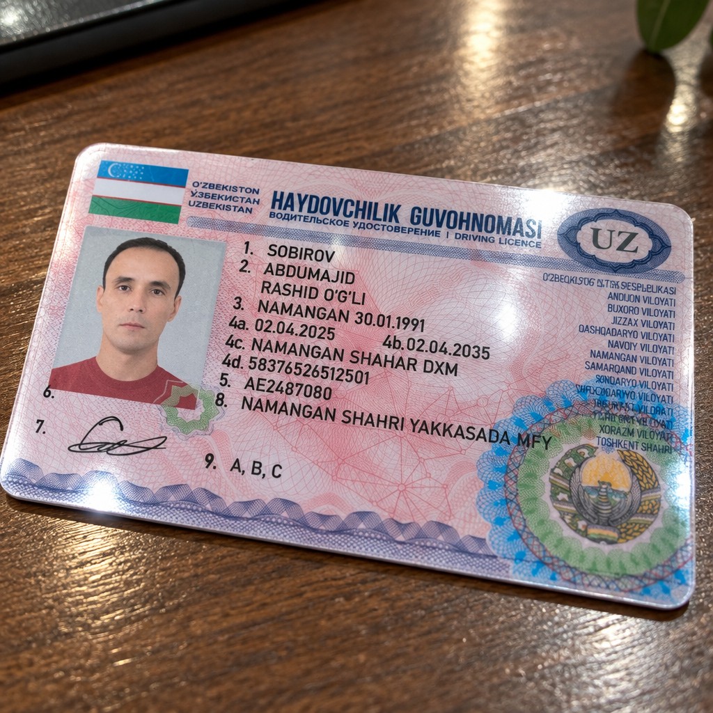 Make the card look like a real premium glossy PVC plastic card. Make the plastic texture clearly visible, with strong realistic glossy reflections, bright light glare, shiny highlights, and noticeable reflections across the surface. Add realistic thickness and subtle edge reflections. The card should look like a real physical plastic card photographed with a smartphone, not a flat digital image. No hands or fingers. Keep all original text, photos, colors, and design exactly unchanged.