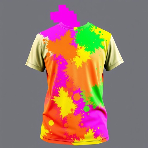 mockup design, Gestalte ein T-Shirt-Design mit großzügigen, lebendigen Klecksen in allen Neonfarben, die das Auge anziehen. Die Farben sollten dynamisch verteilt sein, um einen energiegeladenen und verspielten Look zu erzeugen. Verwende einen lässigen Schnitt und eine bequeme Stoffkombination, ideal für Sommerfestivals oder kreative Events, mit einem modernen, urbanen Flair.