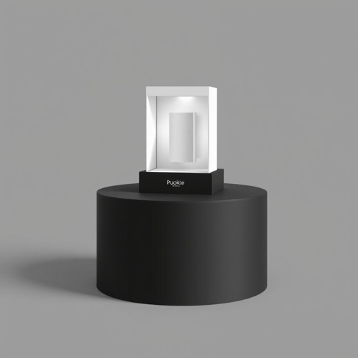 mockup design, Create a sleek, modern pedestal display for showcasing a product. Incorporate a matte black finish for the pedestal, complemented by clean lines and a minimalist design. The product, in a stylish box, should be illuminated from below to enhance visibility. Include a subtle branding element on the pedestal base.