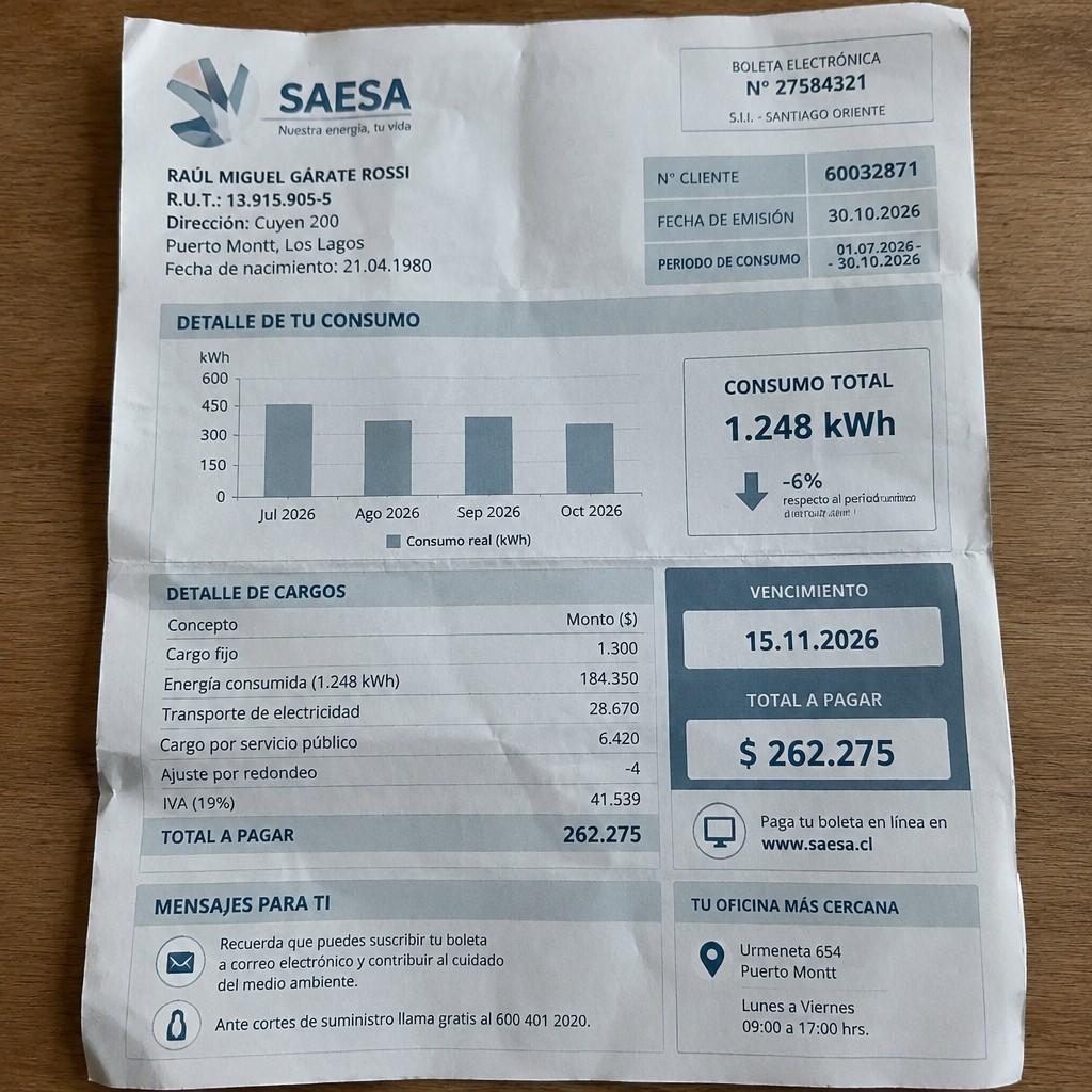Create a statement, an electricity bill in CHILE. The A4 statement should be realistic, as if it were photographed on a phone. The document should be on a white background. The document must be for the last 3 months of October 2026. The document should contain several transactions and be wrinkled at the edges.
Name RAÚL MIGUEL GÁRATE ROSSI
Address Cuyen 200, 5500186 Puerto Montt, Los Lagos
R.U.T. 13915905-5
Date of birth 21.04.1980
Date of discharge 30.10.2026 (OCTOBER 2026)