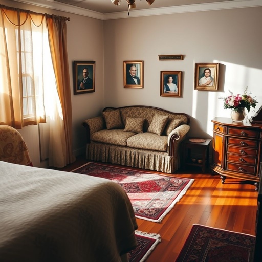 Cozy bedroom interior, softly lit with natural light filtering through sheer curtains. Traditional design style featuring a plush, upholstered sofa adorned with intricate patterns. Rich, textured rugs spread across polished wooden floors, enhancing warmth. Family portraits in vintage frames adorn the walls, alongside delicate floral arrangements on a handcrafted nightstand.