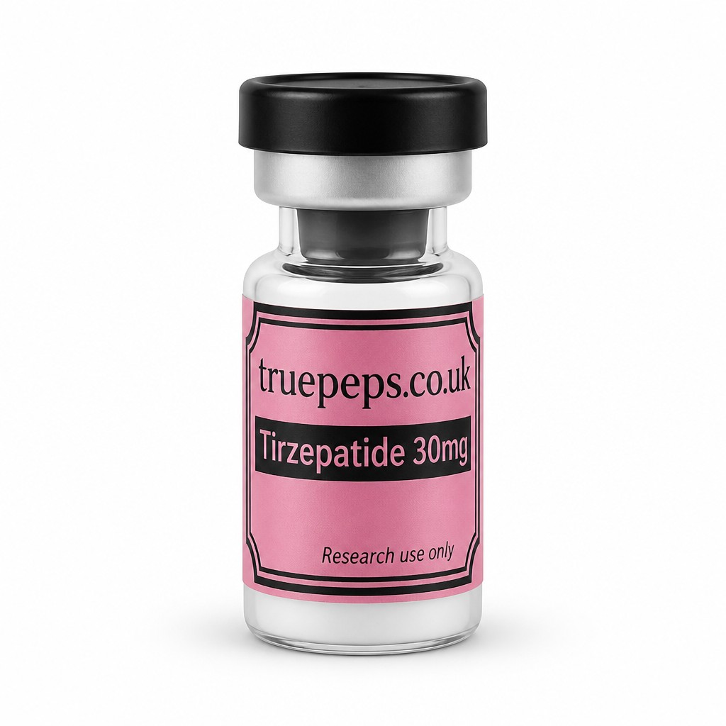 Recreate the exact glass pharmaceutical vial shown in the reference image, with no design changes whatsoever — same black flip-off cap, same silver crimp collar, same clear glass vial, same pink label with black double-line border. Label text must match exactly: "truepeps.co.uk" at the top, a black bar containing "Tirzepatide 30mg" in pink text, and "Research use only" in small italic text at the bottom. Do not alter colors, wording, logo, or label layout in any way.
Reframe only: center the vial upright in the middle of the frame, straight-on eye-level angle, full label facing camera and fully legible with no text cut off. Place on a seamless pure white studio background. Soft, even diffused studio lighting with no harsh glare on the glass or cap. Subtle soft realistic shadow directly beneath the vial. Sharp focus throughout, especially the label text. Professional e-commerce product photography style, high detail, 4K.