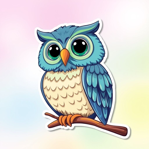 mockup design, Create a vibrant mockup design for an iron sticker featuring a whimsical cartoon owl perched on a colorful branch. The owl should have large, expressive eyes and intricate feathers, showcasing a mix of blues and greens. The background should be a soft pastel gradient, enhancing the sticker's playful charm and appeal.